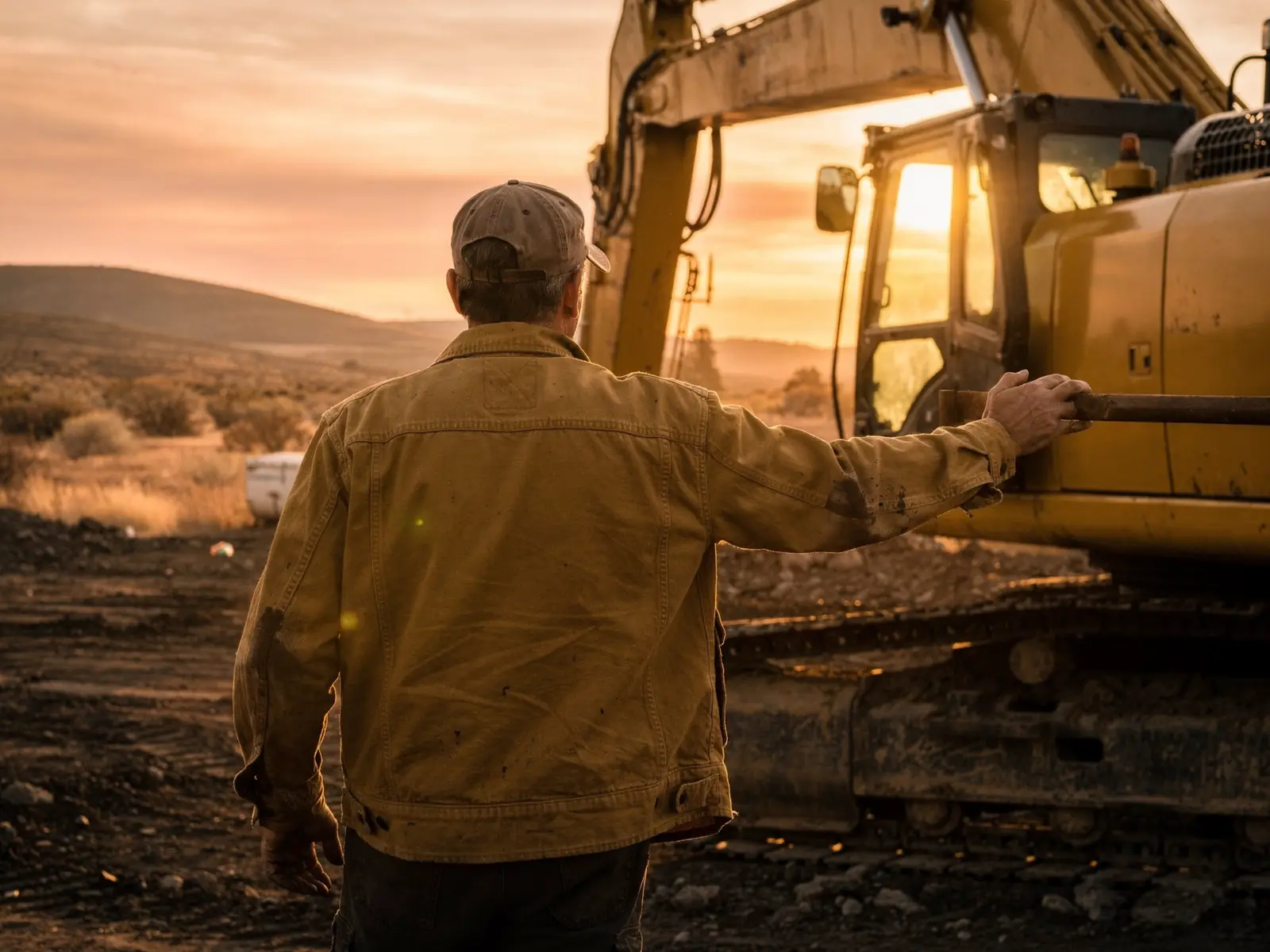 Contractor standing next to his excavator at sunset on a Tri-Cities job site